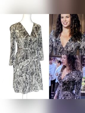 ASO Gilmore Girls Rare Vintage DVF Wrap Dress Size 2 Black And White Leaf Print